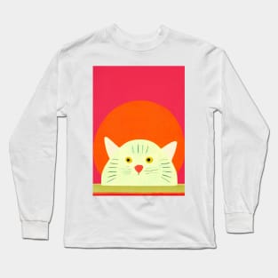 Looking at the Food Cat Retro Poster Vintage Art Cat Wall Orange Pink Illustration Long Sleeve T-Shirt